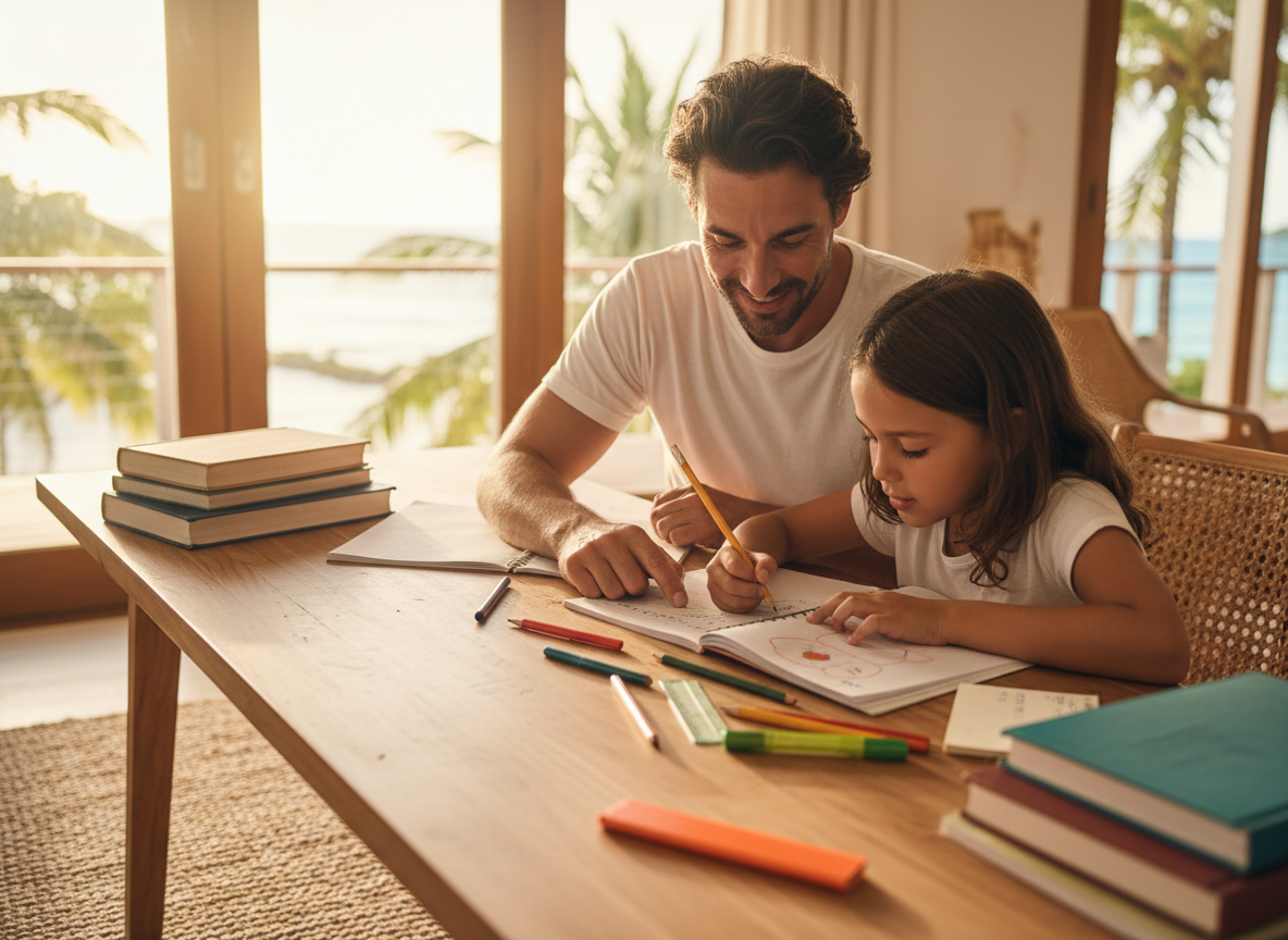 Un adulte accompagnant un enfant dans ses devoirs.